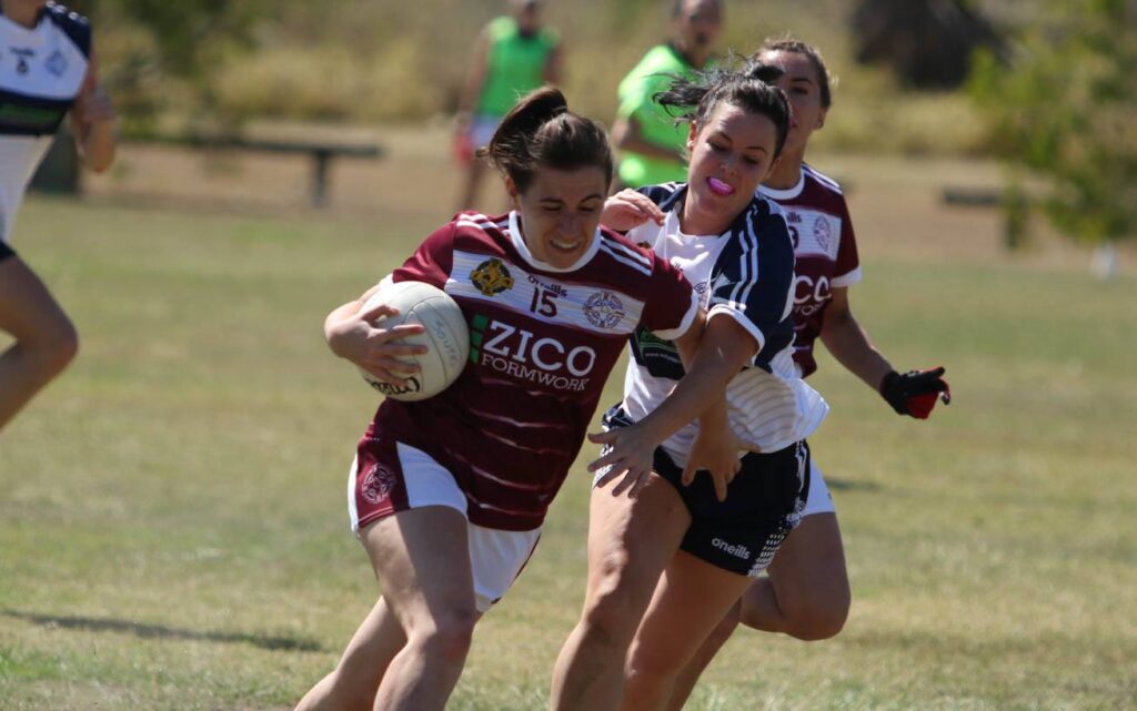 Queensland and Victoria women's footballers at the 2019 Australasia Championships.