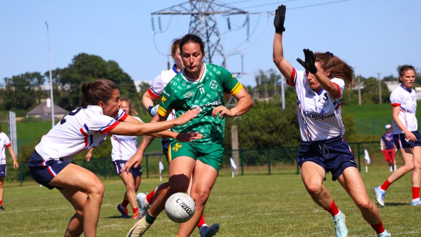 Parris Drakopoulos shooting for goal against France at the 2026 GAA World Games.