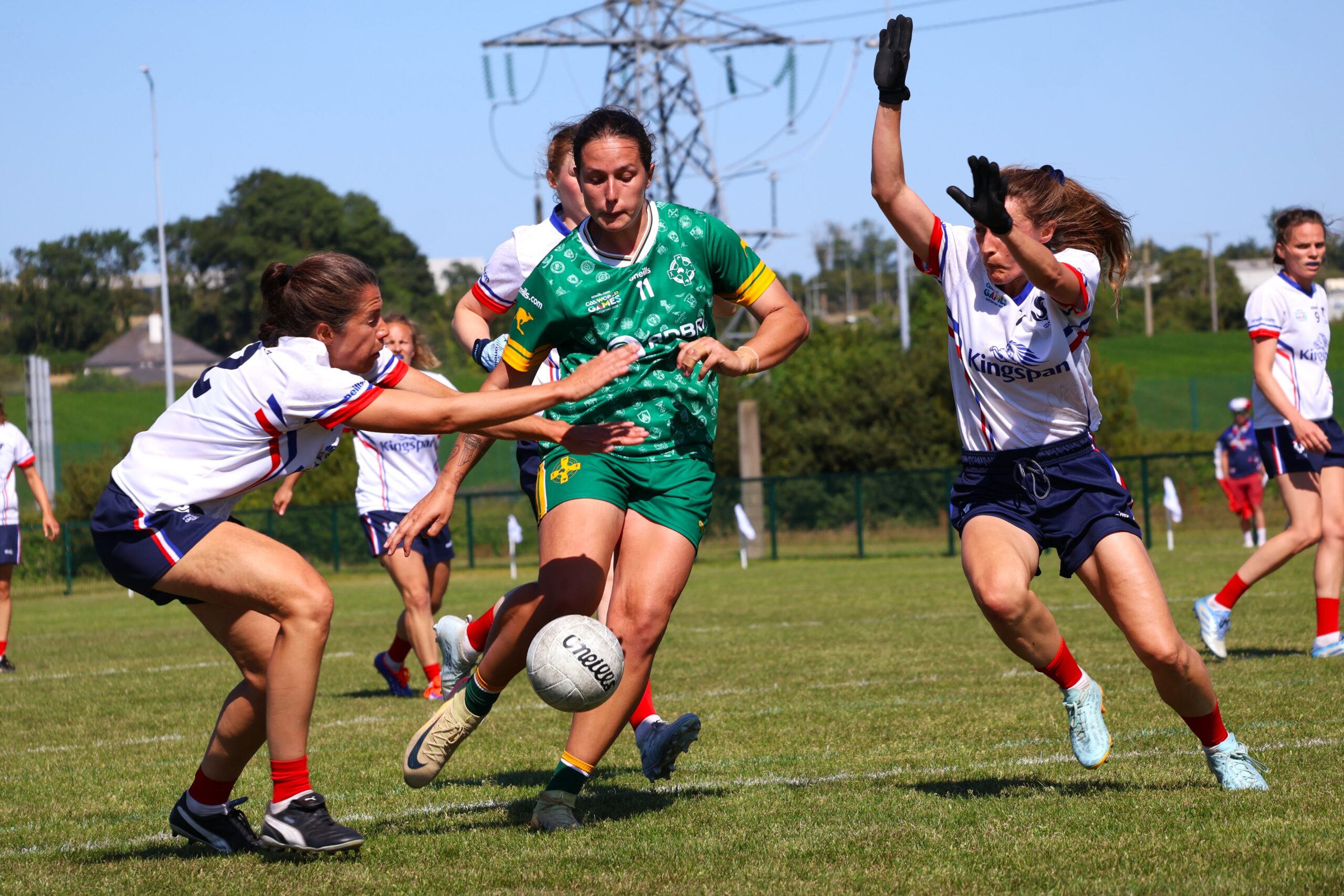 Parris Drakopoulos shooting for goal against France at the 2026 GAA World Games.
