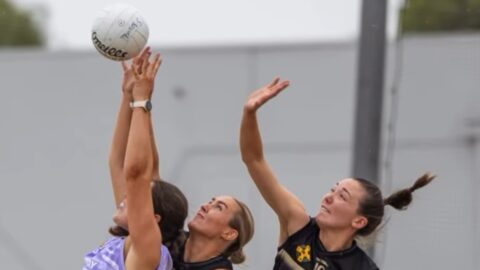 Women's Gaelic footballer fielding at ball at the 2026 Pearse's Sevens tournament