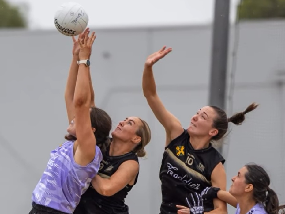 Women's Gaelic footballer fielding at ball at the 2026 Pearse's Sevens tournament